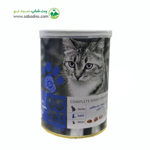 کنسرو گربه با طعم گوشت گوساله ، مرغ و بوقلمون وزن 400 گرمی برند یو اس پت (آبی)