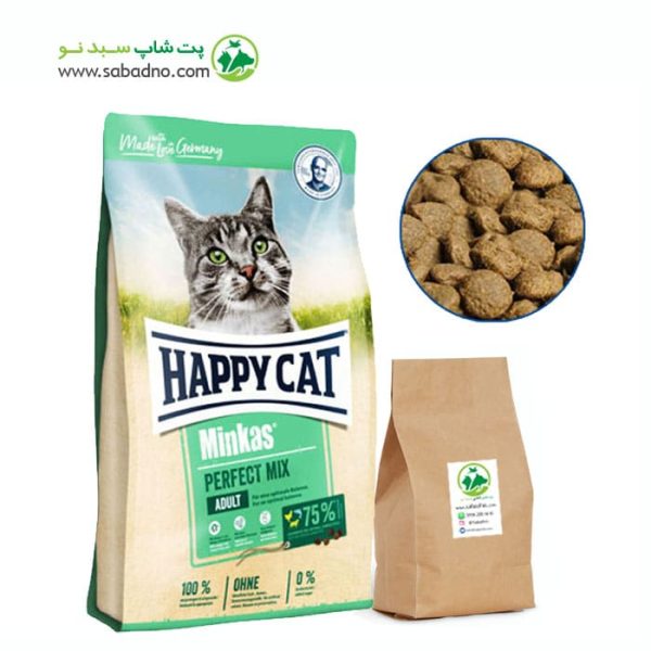 غذای خشک گربه بالغ برند هپی کت مدل Happy Cat Minkas Perfect Mix با طعم گوشت ، مرغ ، برنج وزن 10 کیلوگرم