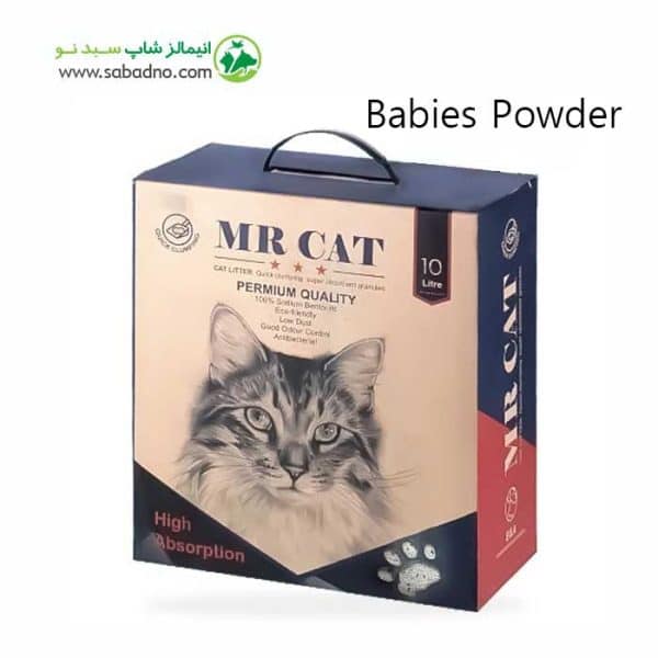 خاک گربه گرانل برند مسترکت Mr.cat مدل پودر بچه Babies Powder حجم 10 لیتر بسته بندی جعبه