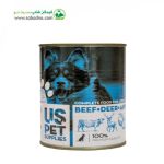 کنسرو سگ برند یو اس پت uspet طعم گوشت گوساله و آهو و سیب وزن 850 گرم