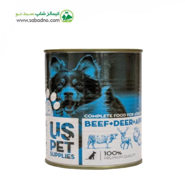 کنسرو سگ برند یو اس پت uspet طعم گوشت گوساله و آهو و سیب وزن 850 گرم