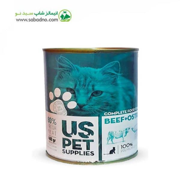 کنسرو گربه برند یو اس پت uspet طعم گوشت و شترمرغ وزن 850 گرم