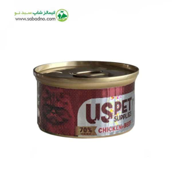 کنسرو گربه برند یو اس پت uspet طعم مرغ و بره وزن 85 گرم