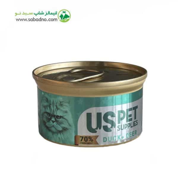 کنسرو گربه برند یو اس پت uspet طعم اوردک و آهو وزن 85 گرم