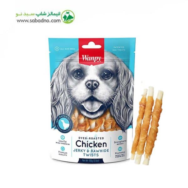 تشویقی جرکی سگ برند ونپی مدل میله ای دورپیچ با طعم مرغ Wanpy Dog Chicken Jerky & Rawhide  وزن 100 گرم 