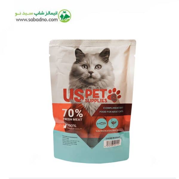 پوچ گربه برند یو اس پت uspet طعم ماهی سالمون و شترمرغ  uspet Salmon and ostrich وزن 100 گرم