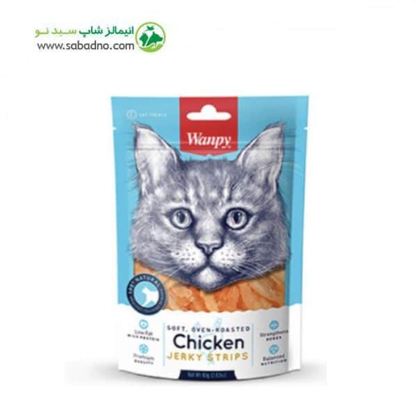 تشویقی نرم گربه ونپی با طعم مرغ مدل Wanpy Cat Chicken Jerky Strips وزن 80 گرم